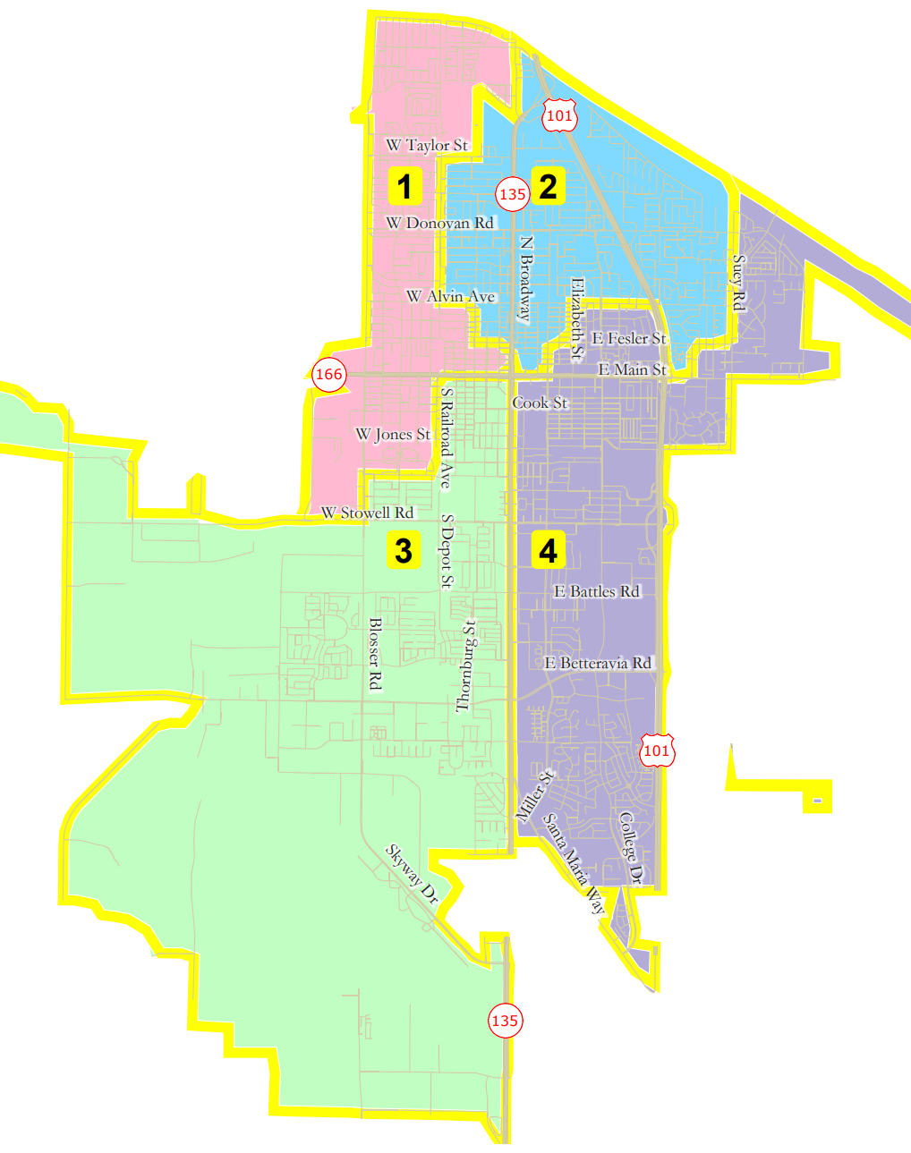 City of Santa Maria council district map — Districts 1 through 4